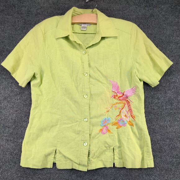 AKC Women's Button Up Shirt Green Large Short Sleeve Embroidered Shoulder Pads - Picture 2 of 14
